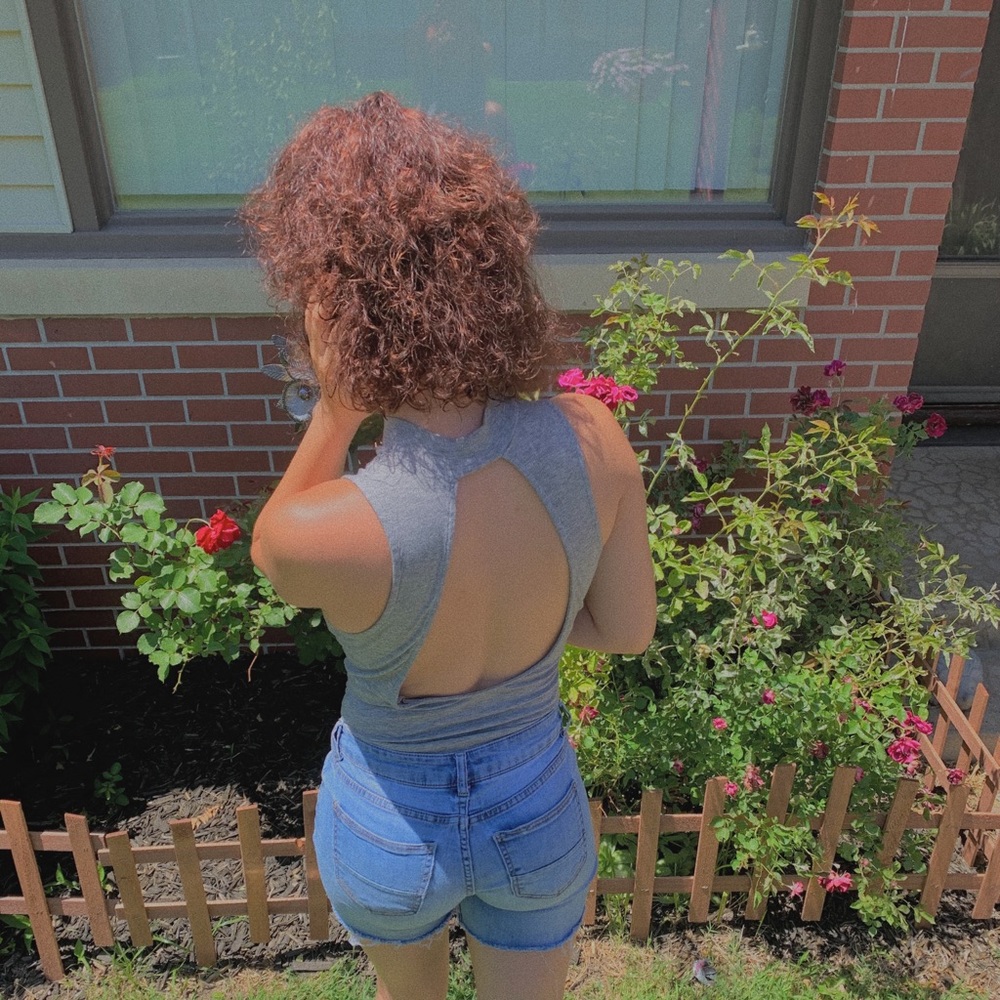 gray body suit, never worn except for pictures